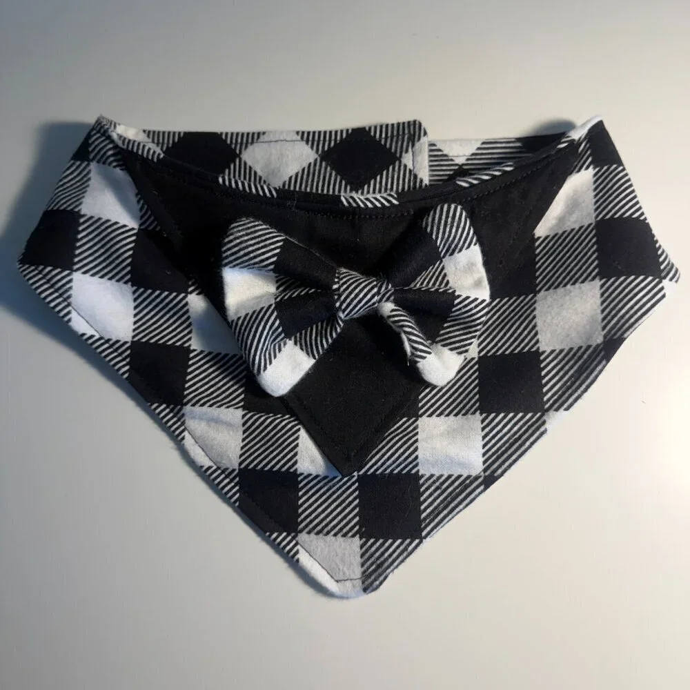 Luxury XXL Buffalo Plaid Dog Bandana with Bow Tie – Handmade Winter Style